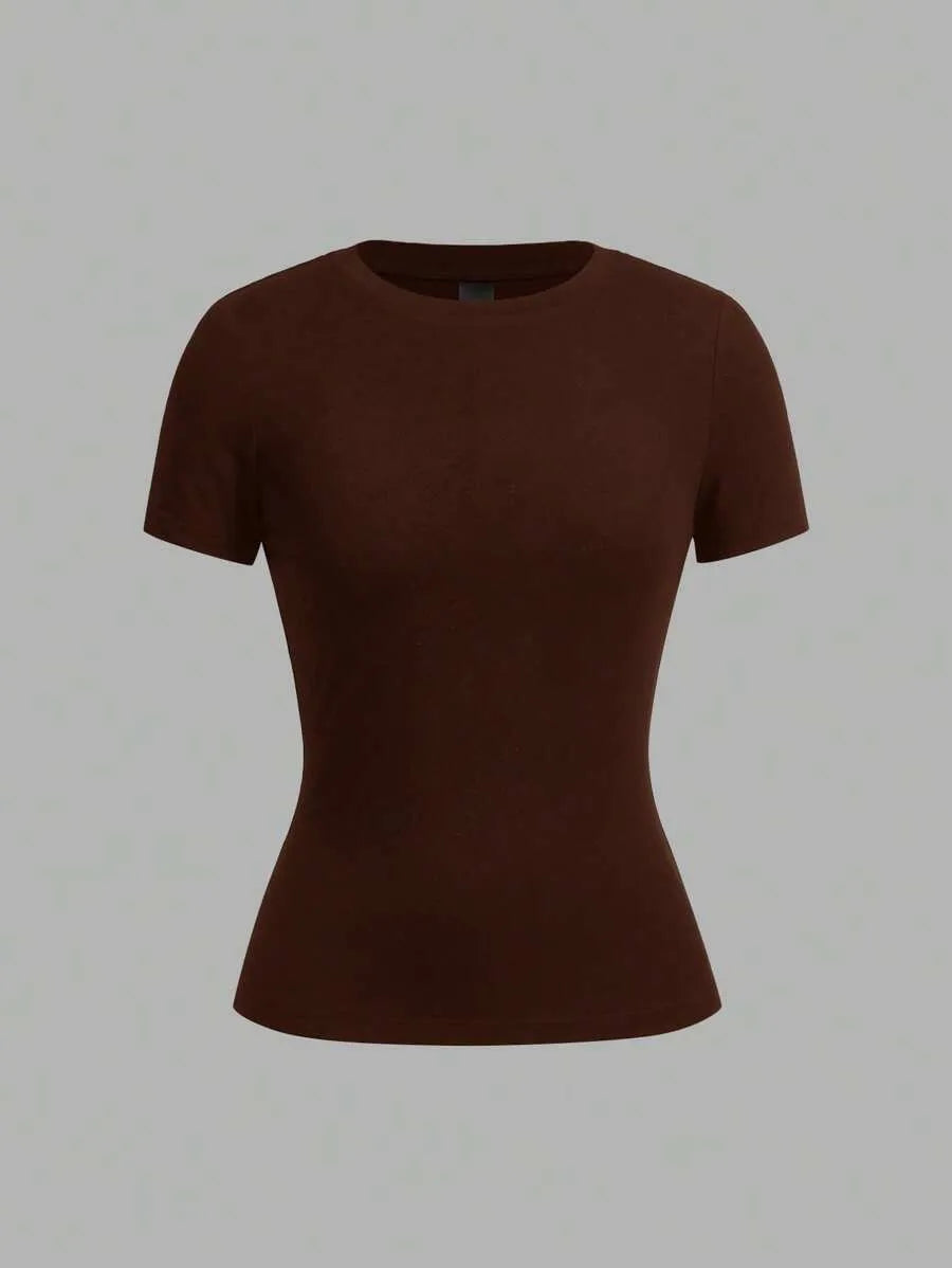 SHEIN EZwear طقم 2 قطعة تي شيرت نسائي بأكمام قصيرة وياقة دائرية متعدد الألوان