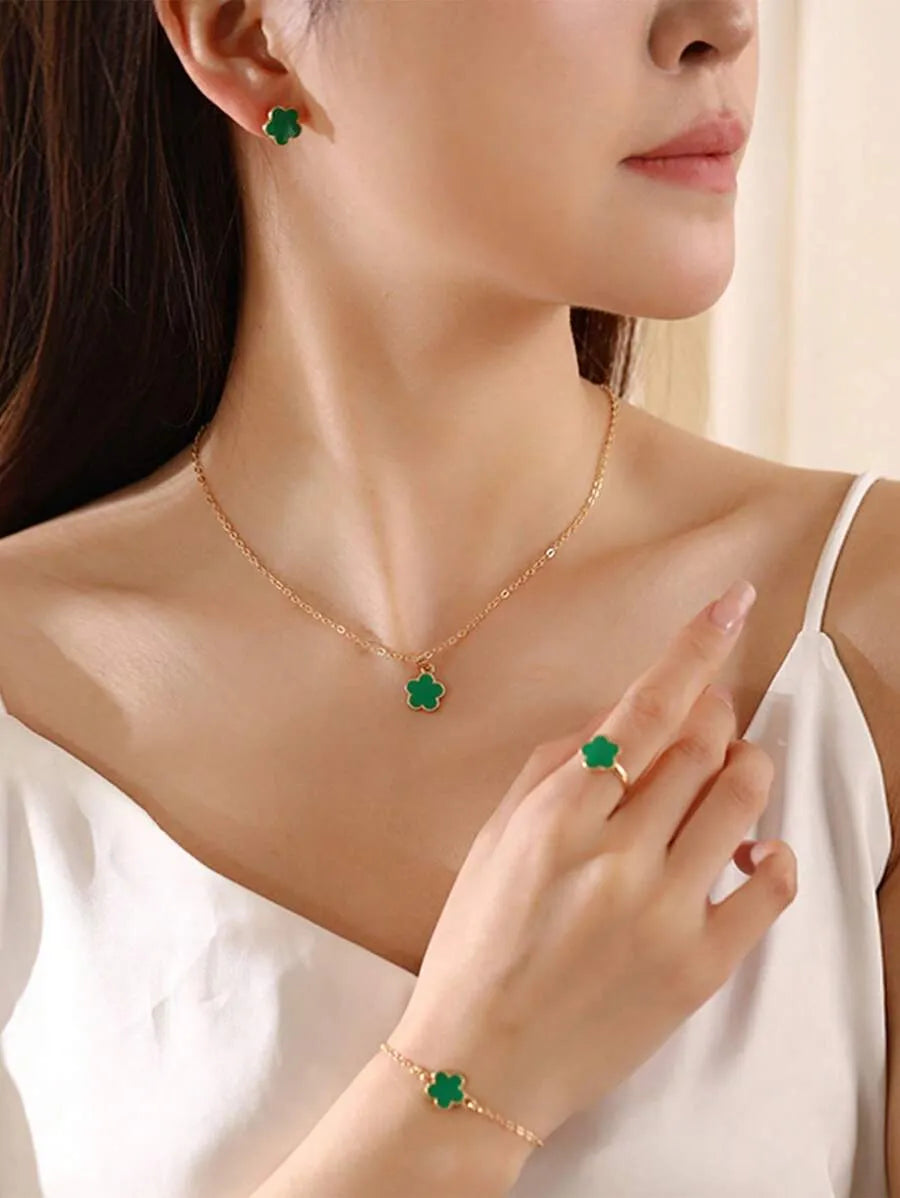 SHEIN طقم مجوهرات نسائي 4 قطع قلادة وسوار وخاتم وأقراط بتصميم زهري