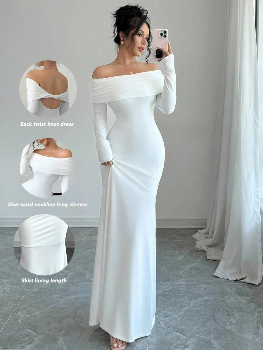 SHEIN Rafferiza فستان محبوك ماكسي بكتف مكشوف وخصر مربوط وذيل حورية البحر بلون أبيض