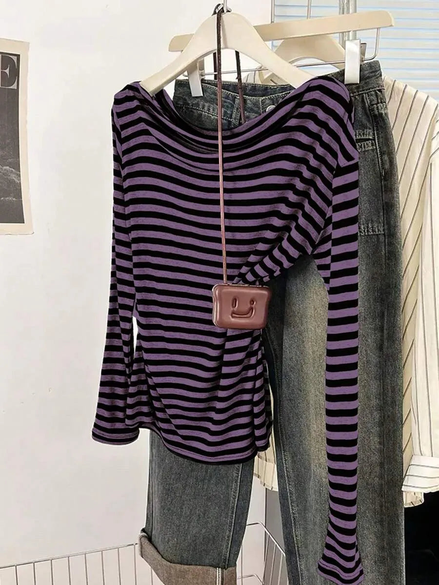 SHEIN INAWLY تي شيرت نسائي فضفاض مخطط وأكمام طويلة بلون أحمر بنفسجي