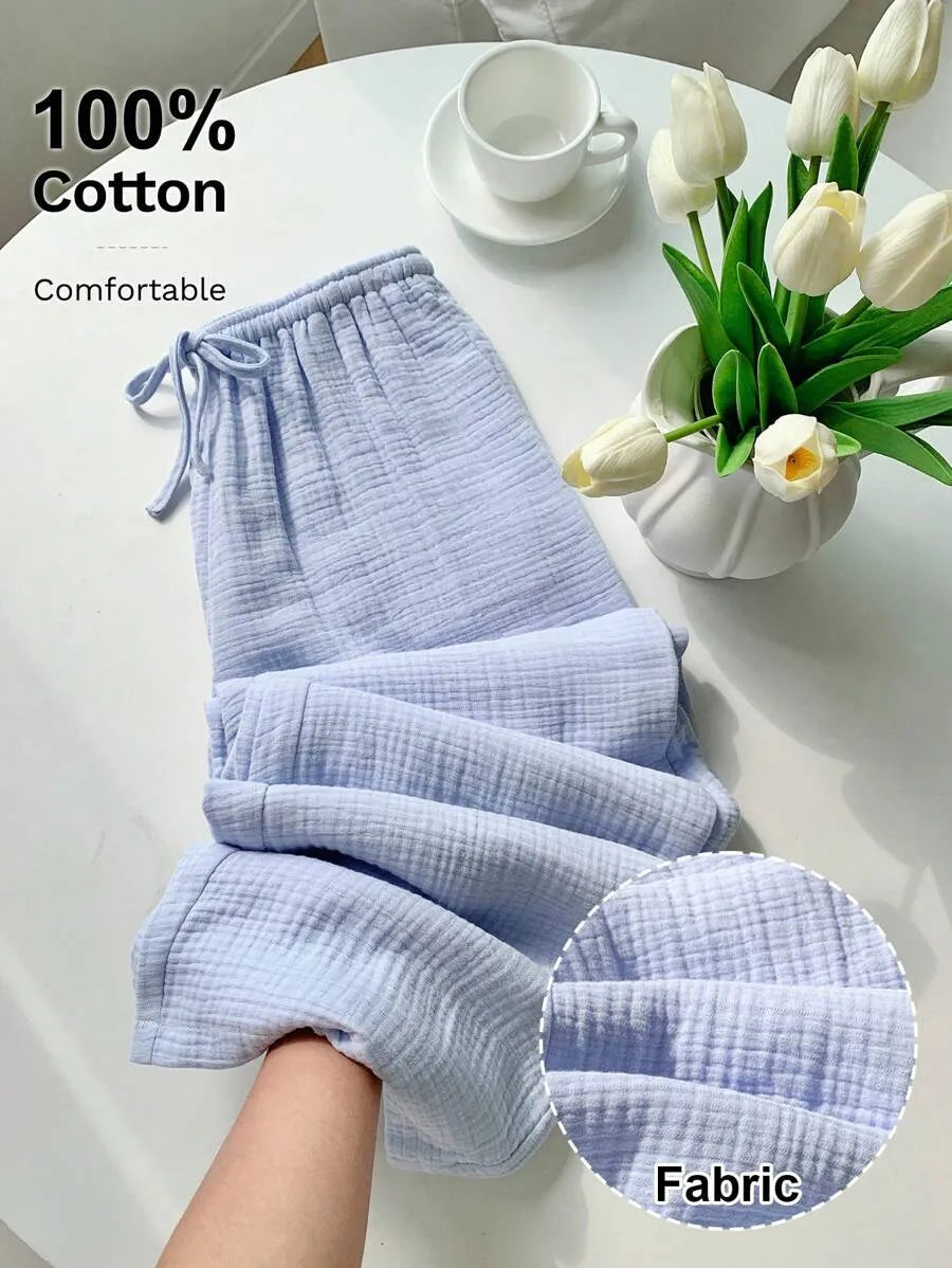SHEIN Comfortcana بنطلون بلون الأزرق طويل كارجو بخصر منخفض من القطن