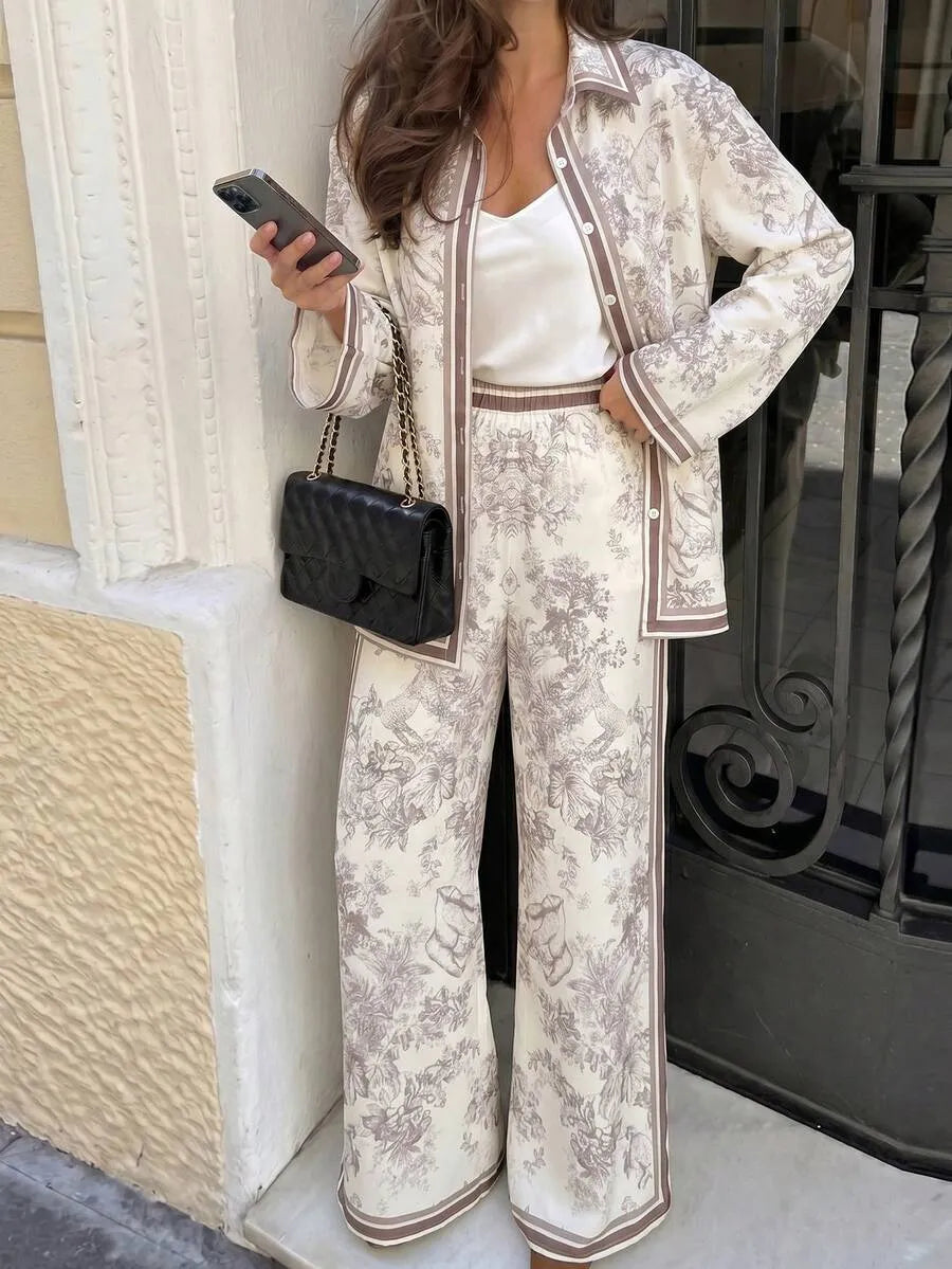 SHEIN NOVVYNE طقم نسائي أنيق من قطعتين بقميص طويل وبنطال واسع بطباعة كلاسيكية