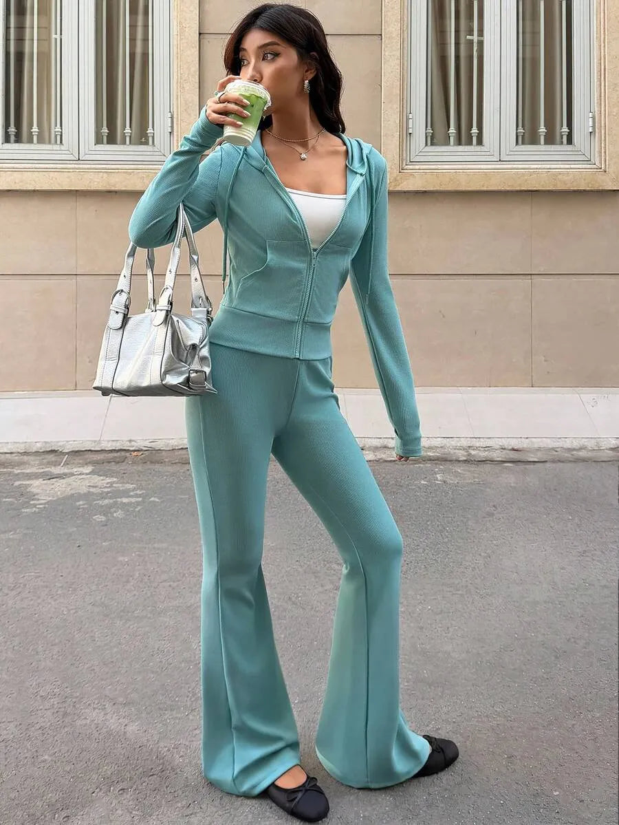 SHEIN MainGRL طقم رياضي نسائي قطعتين هودي قصير وبنطال واسع بلون أخضر
