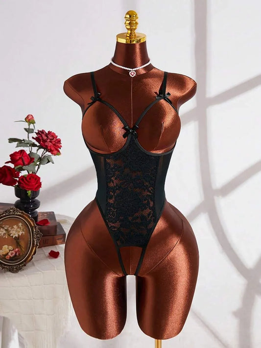 SHEIN ملابس داخلية نسائية من الدانتيل والشبك بتصميم مفرغ وفيونكة بلون أسود