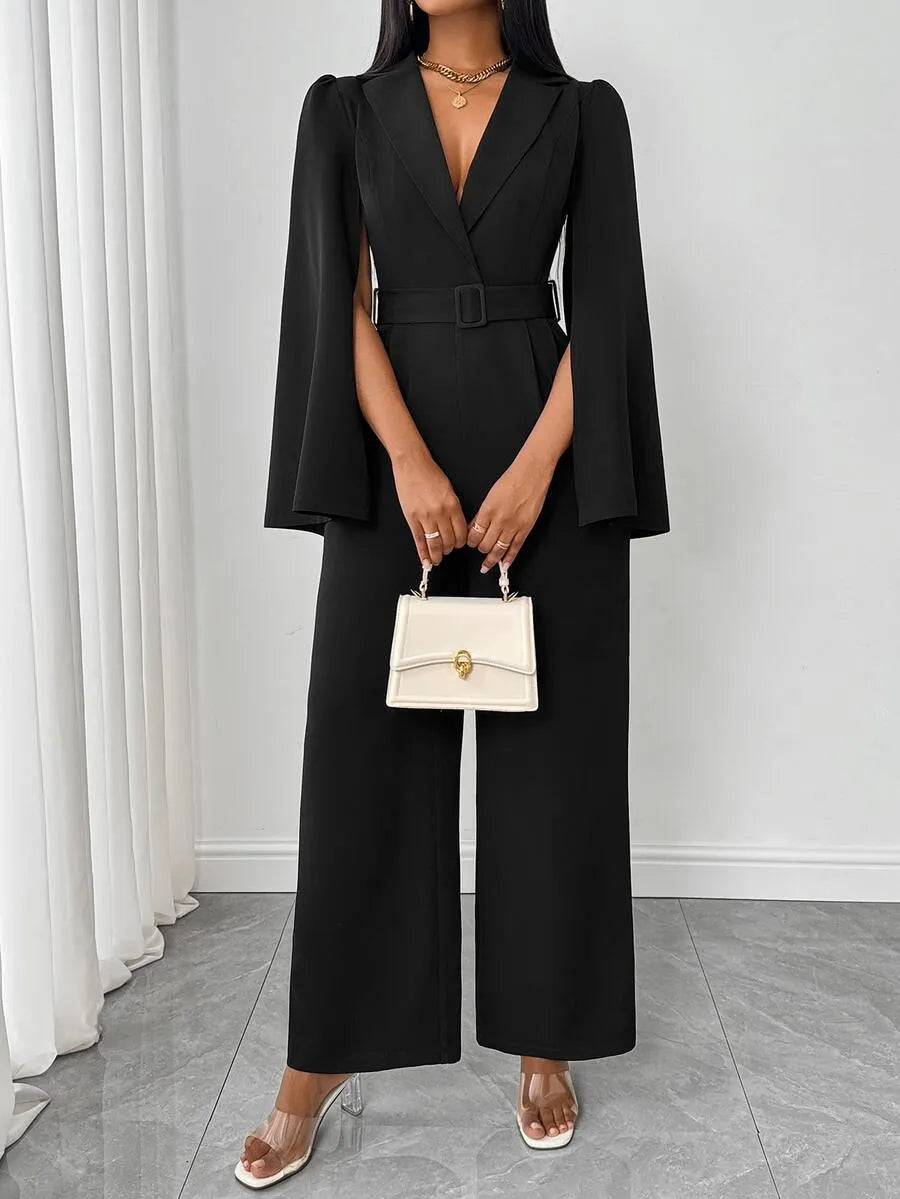 SHEIN Rafferiza جمبسوت نسائي بتصميم ملتف وياقة وخصر عالٍ بلون الأسود