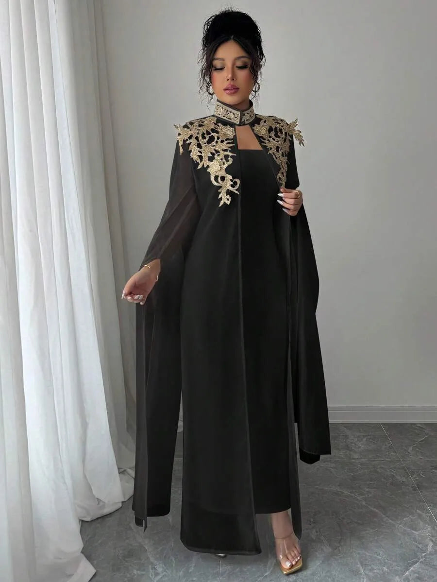 SHEIN Selianne طقم نسائي قطعتين جاكيت مطرز بأزرار أمامية وفستان طويل بلون الأسود