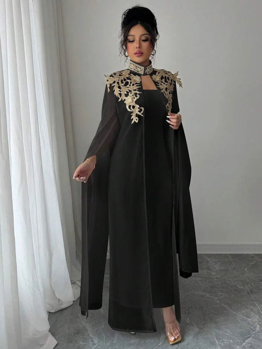SHEIN Selianne طقم نسائي قطعتين جاكيت مطرز بأزرار أمامية وفستان طويل بلون الأسود