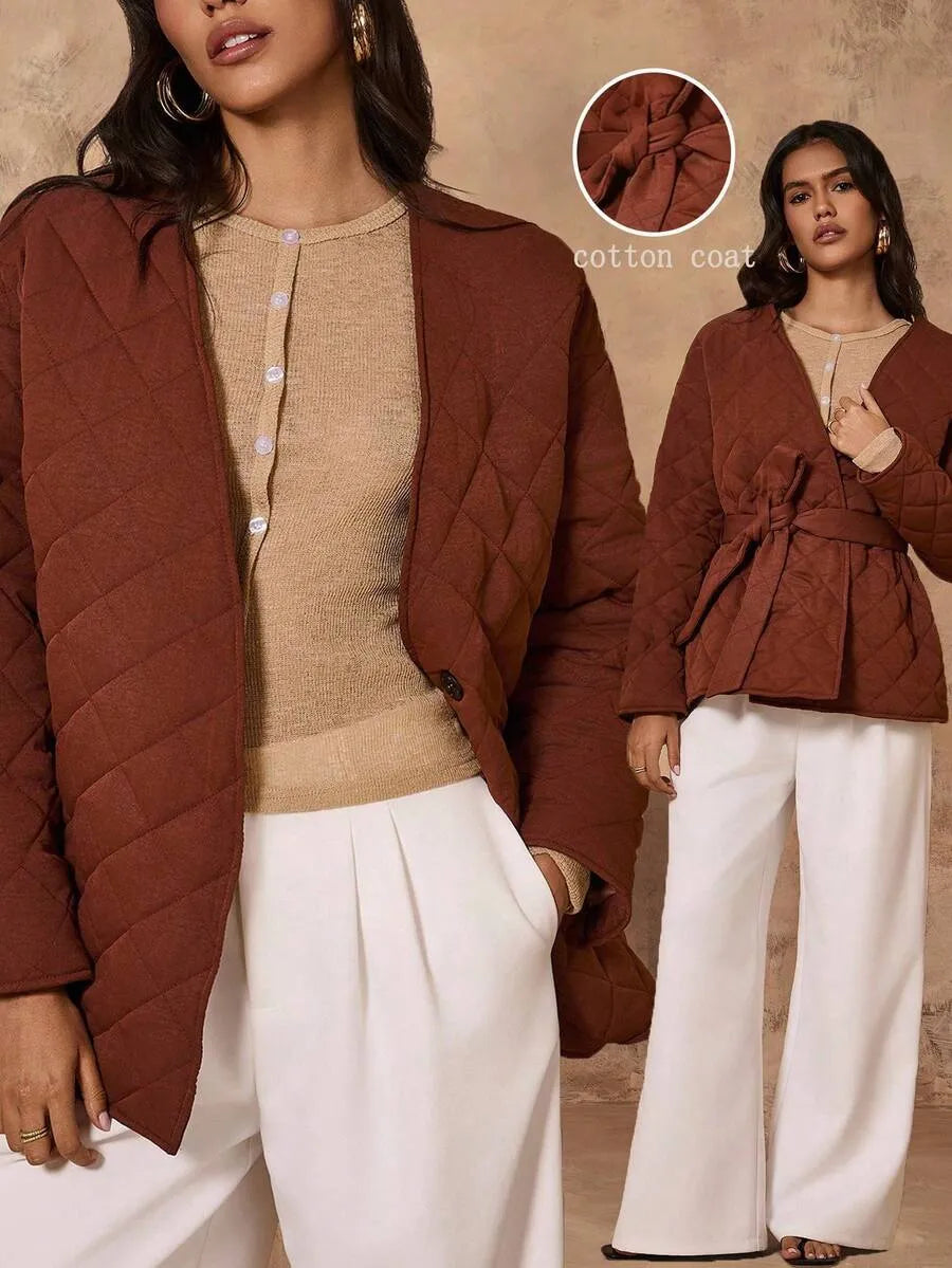 SHEIN Chiquease معطف مبطن بياقة وحزام خصر ونقشة معينات بلون بني