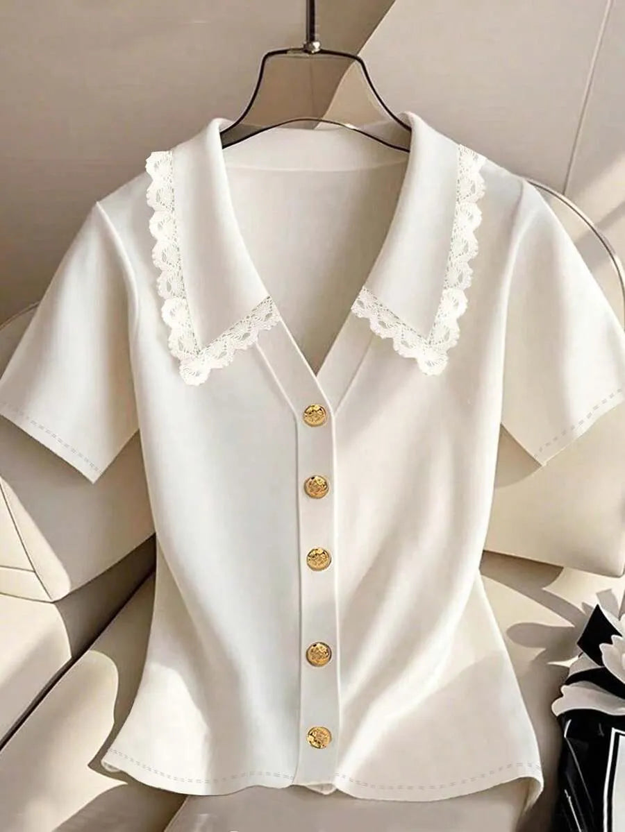 SHEIN INAWLY بلوزة نسائية بأزرار أمامية وياقة كارديجان وحواف مكشكشة بلون أبيض