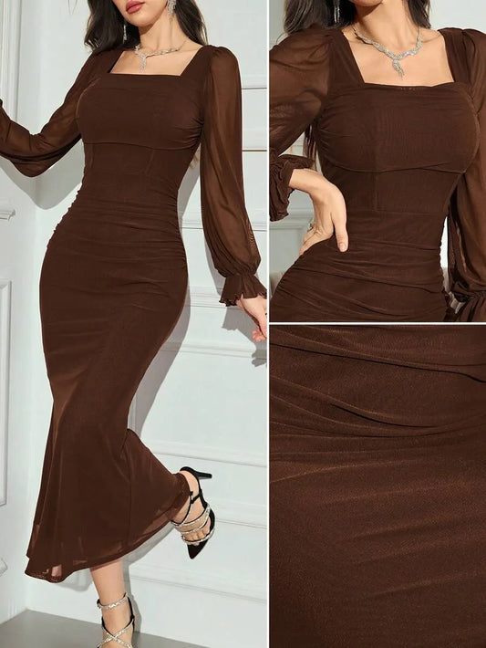 SHEIN Modelyn فستان طويل من الشبك بياقة مربعة وأكمام طويلة بلون بني قهوة