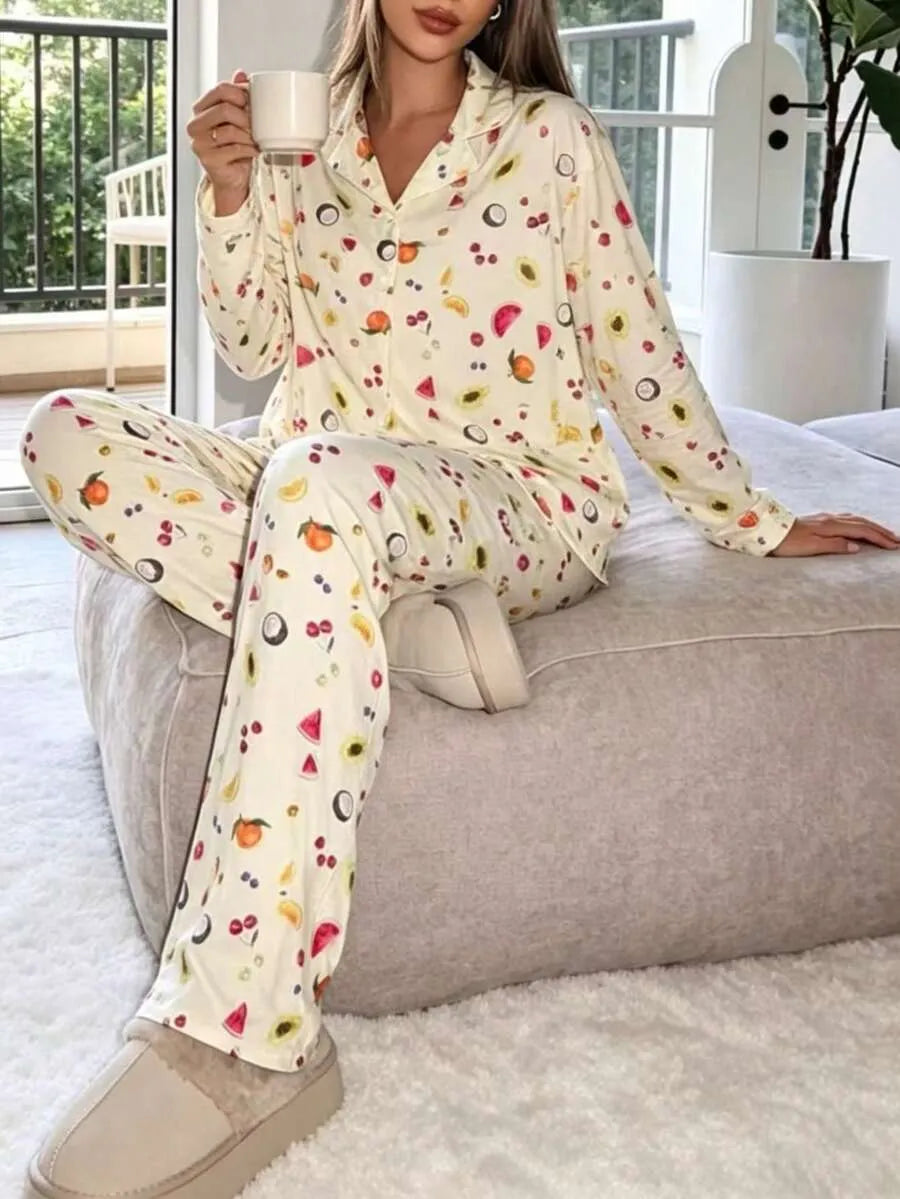 SHEIN Nina Bonheur طقم بيجامة قطعتين بأكمام طويلة وأزرار أمامية بطبعة زهور بلون مشمشي