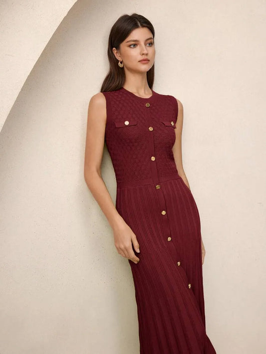 SHEIN BizChic فستان تريكو ميدي بياقة دائرية وأزرار أمامية وخصر مرتفع بلون عنابي