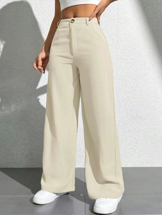 SHEIN PETITE بنطلون بلون بيج طويل واسع الساق بخصر عالي