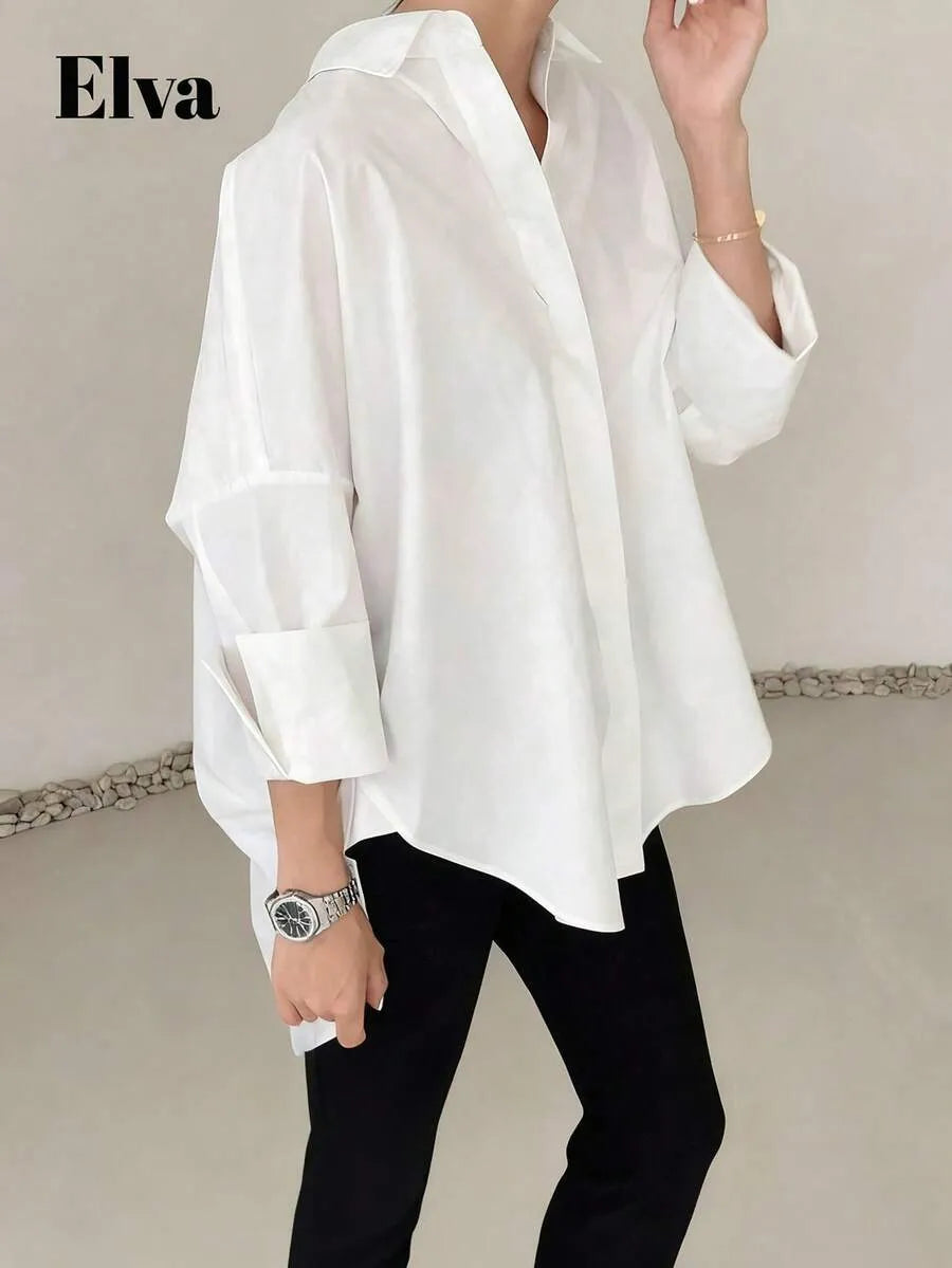 SHEIN VELLA قميص نسائي قصير من الأمام وطويل من الخلف بياقة وأكمام طويلة بلون أبيض