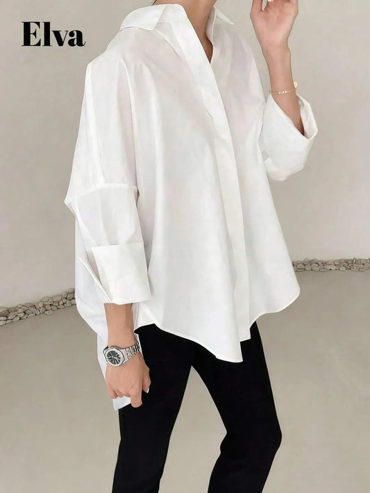 SHEIN VELLA قميص نسائي قصير بياقة وأكمام طويلة بلون أبيض