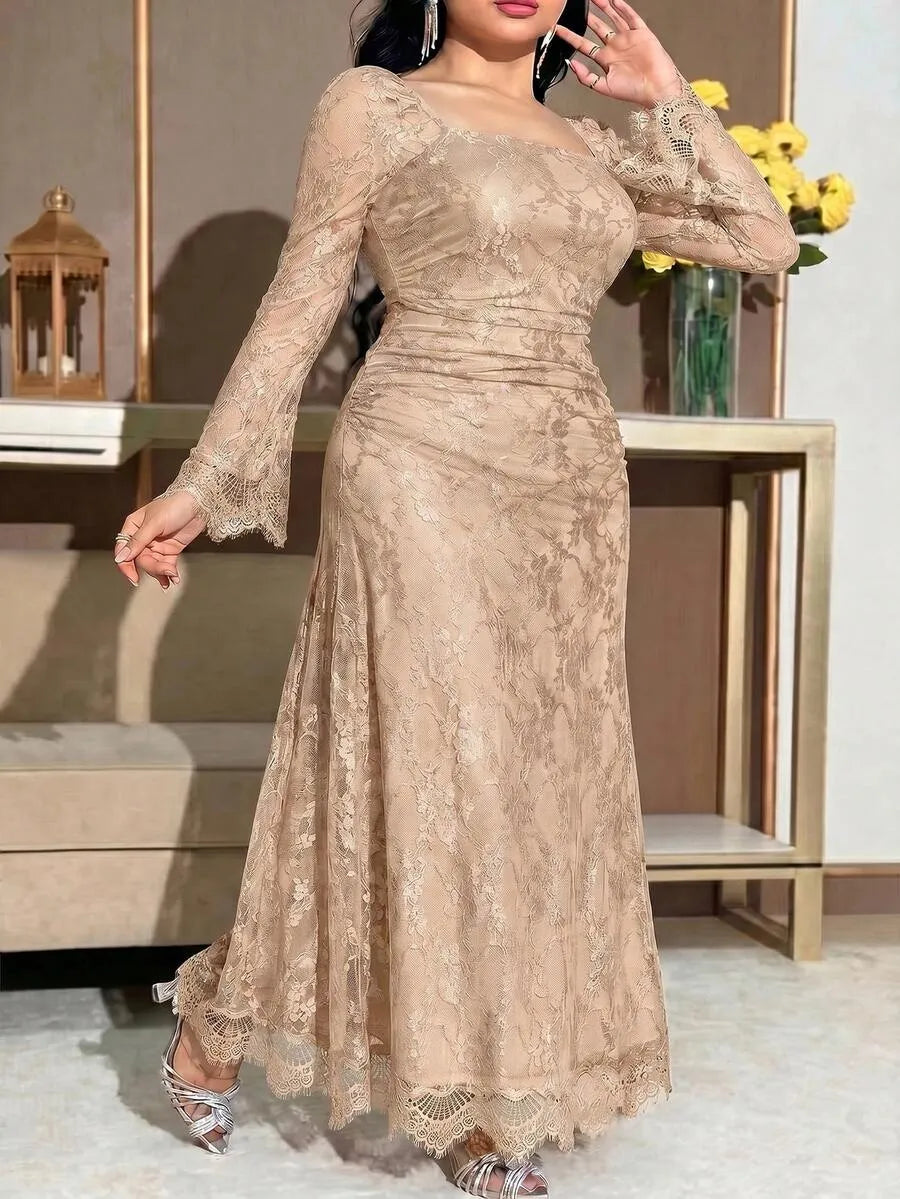 SHEIN Feyla فستان نسائي من الدانتيل بياقة وأكمام طويلة بلون كاكي