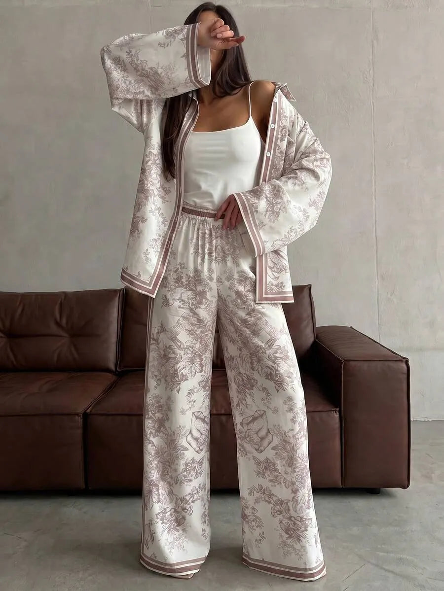 SHEIN NOVVYNE طقم نسائي أنيق من قطعتين بقميص طويل وبنطال واسع بطباعة كلاسيكية