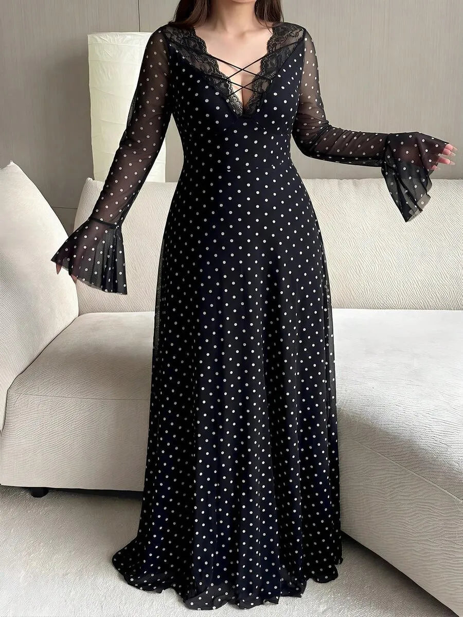 SHEIN Vibekara فستان نسائي ماكسي بياقة عميقة ودانتيل وربطة بلون متعدد الألوان