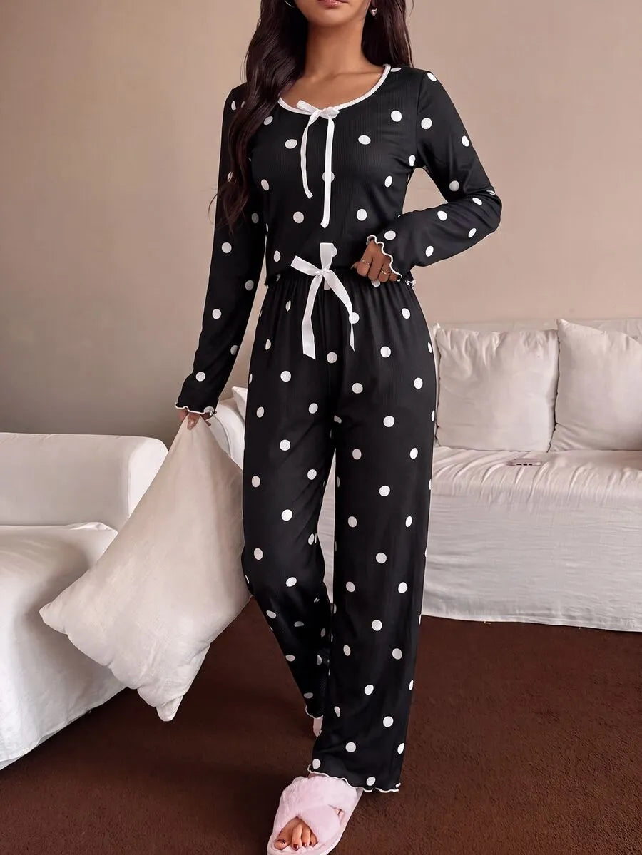 SHEIN Dream Adore طقم بيجامة قطعتين بنقشة نقاط بولكا بلون أسود