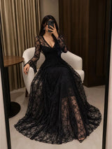 SHEIN Modelyn فستان ميدي بياقة وأكمام طويلة واسعة وتفاصيل دانتيل بلون أسود