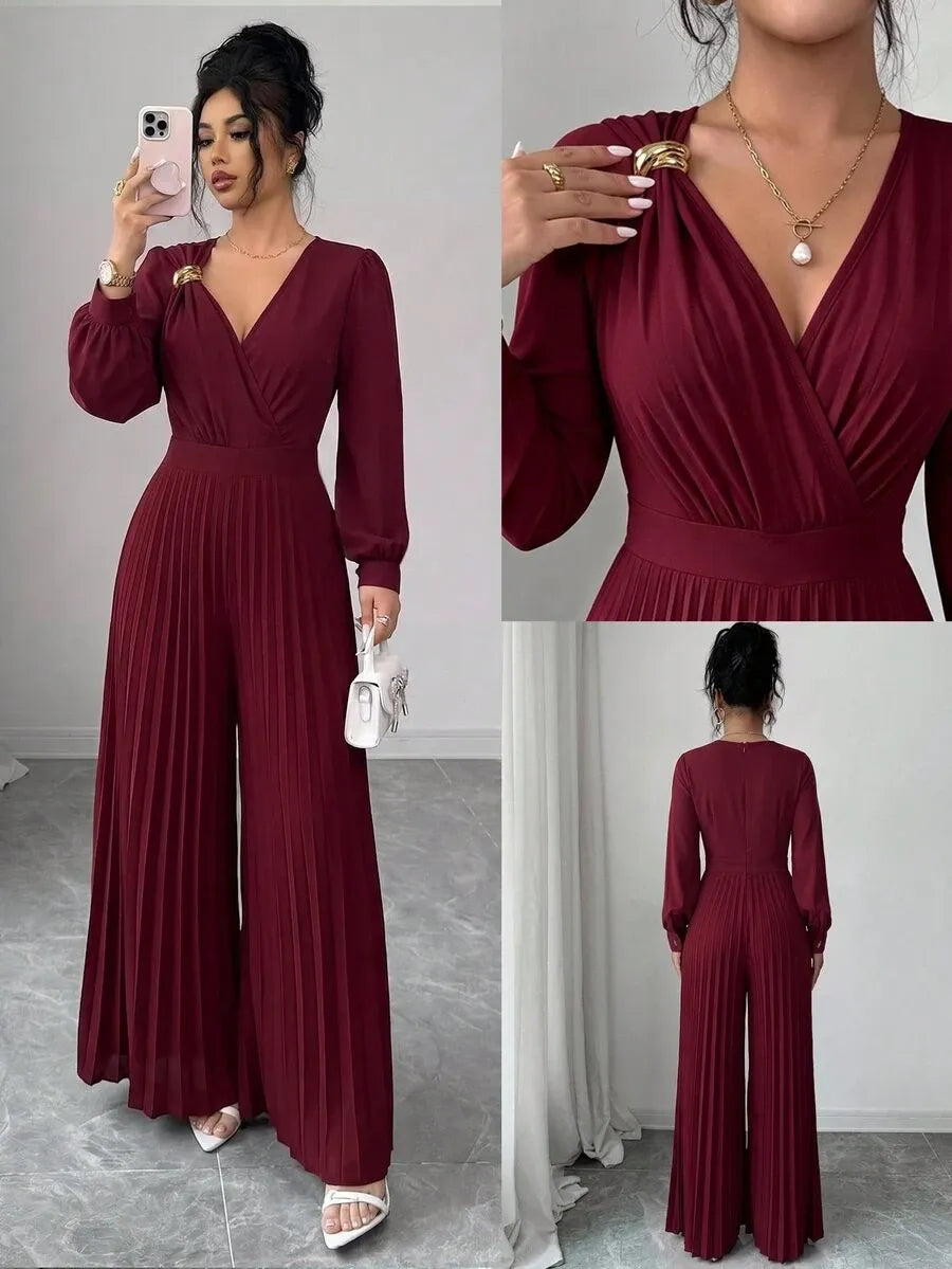 SHEIN Elenzga جمبسوت نسائي بخصر مرتفع وطيات وزهرة ثلاثية الأبعاد بلون عنابي