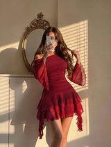 SHEIN Skyraze فستان قصير برقبة غير متماثلة وأكمام طويلة واسعة مكشكشة