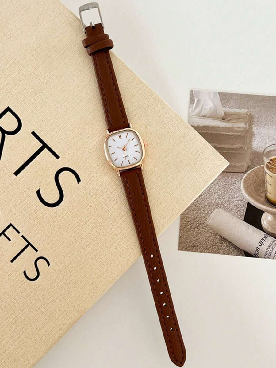 SHEIN ساعة نسائية كوارتز مربعة بسوار جلد كاجوال