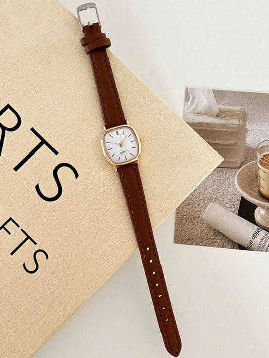 SHEIN ساعة نسائية كوارتز مربعة بسوار جلد كاجوال