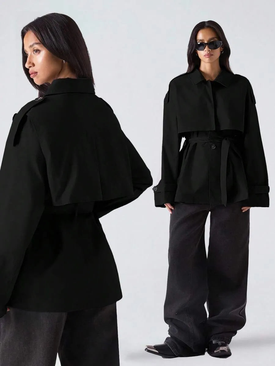 SHEIN LYSMO معطف ترينش فضفاض بياقة كلاسيكية وحزام وأزرار أمامية بلون أسود