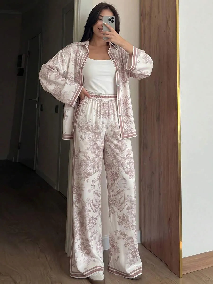 SHEIN NOVVYNE طقم نسائي أنيق من قطعتين بقميص طويل وبنطال واسع بطباعة كلاسيكية