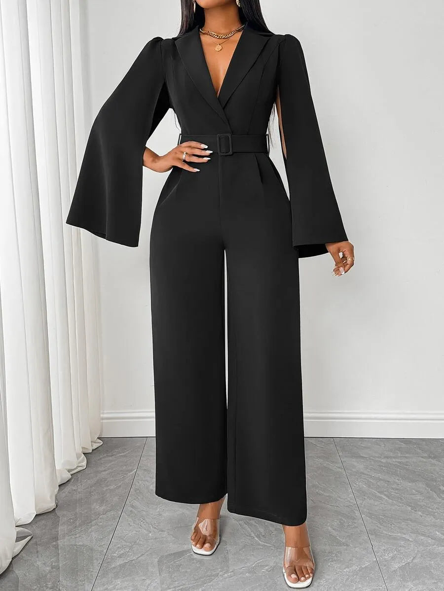 SHEIN Rafferiza جمبسوت نسائي بتصميم ملتف وياقة وخصر عالٍ بلون الأسود