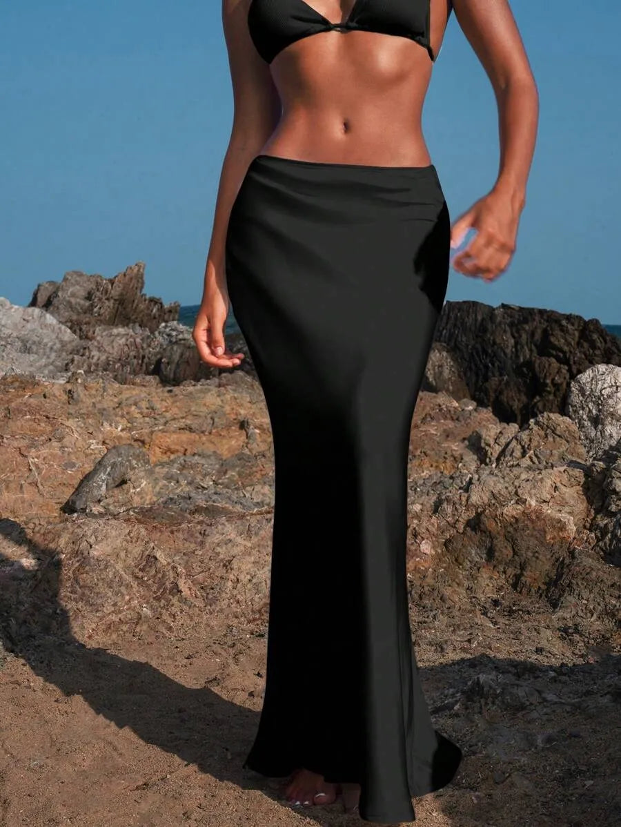 SHEIN Opulessa تنورة ساتان أنيقة بلون سادة بتصميم حورية البحر