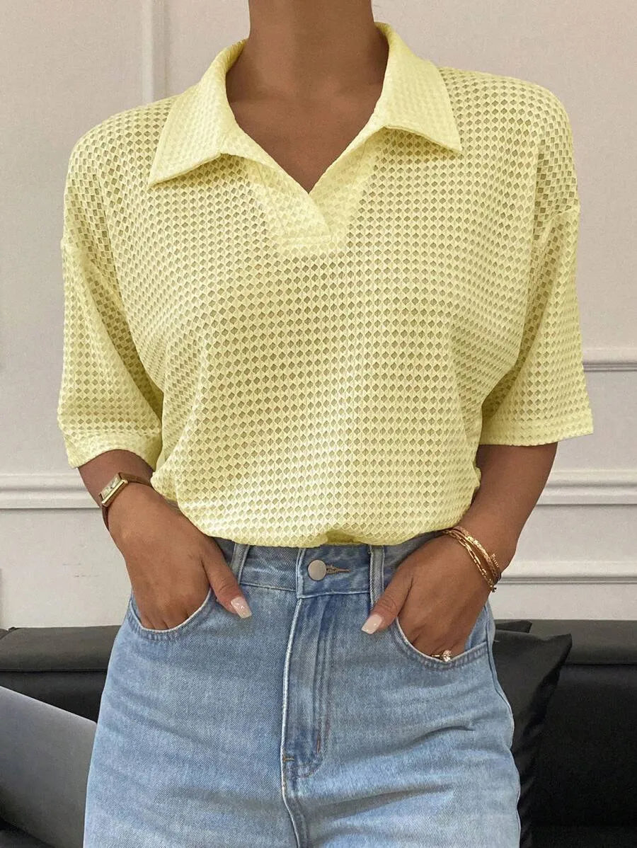 SHEIN تيشيرت نسائي شبكي بياقة بولو أصفر فاتح