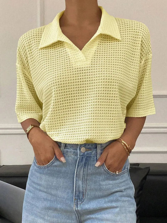 SHEIN تيشيرت نسائي شبكي بياقة بولو أصفر فاتح