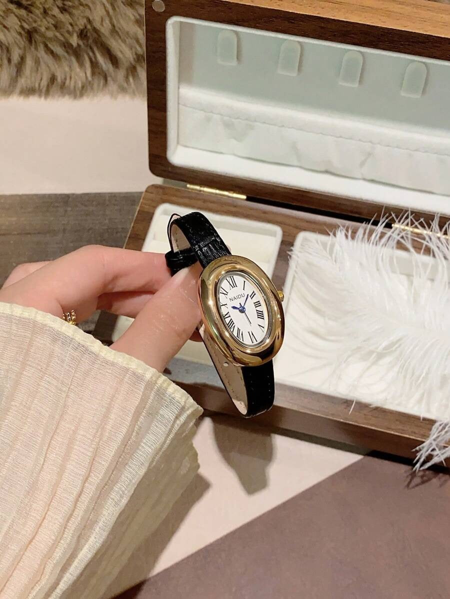 SHEIN ساعة يد نسائية كوارتز بإطار بيضاوي وأرقام رومانية