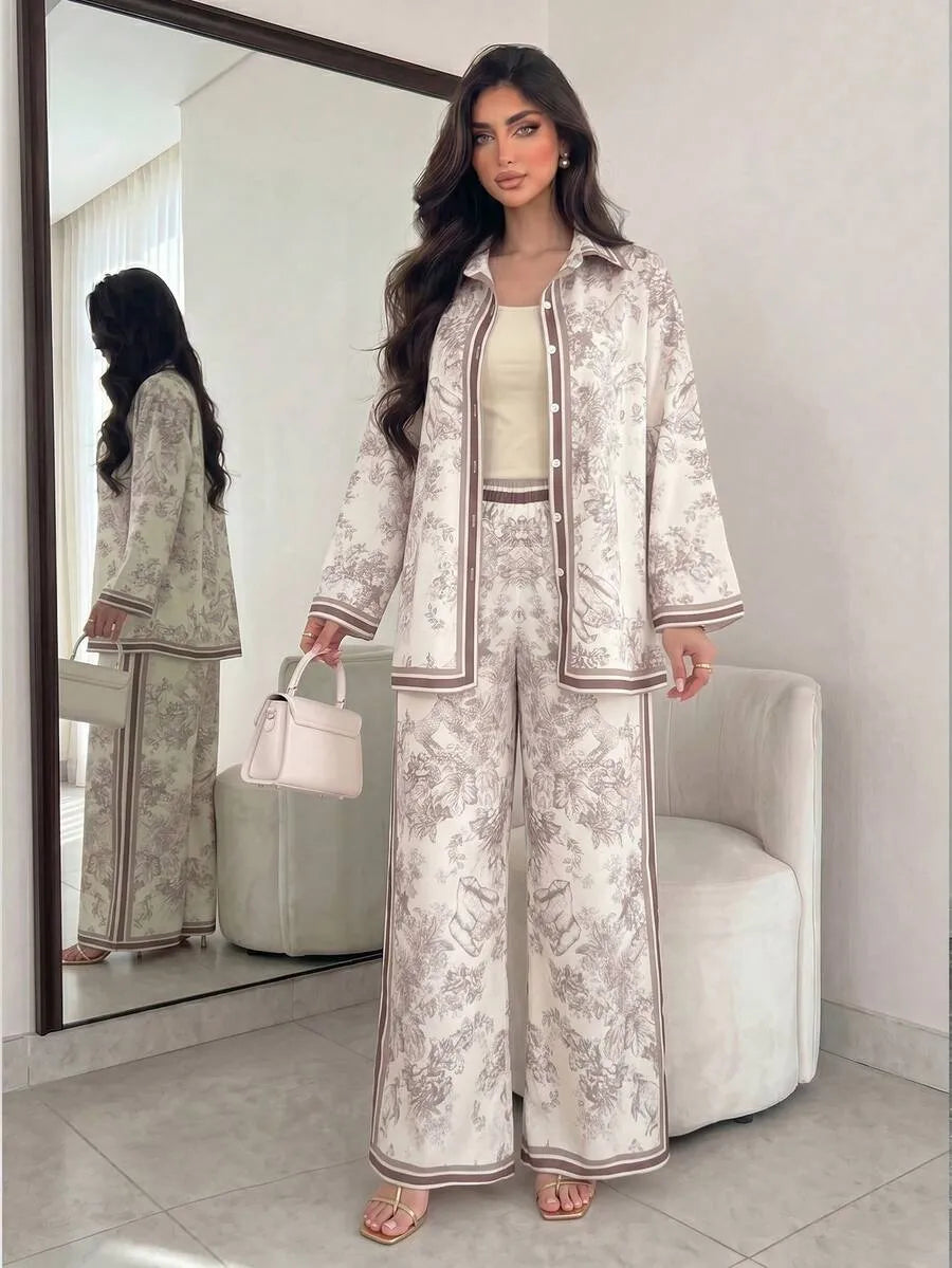 SHEIN NOVVYNE طقم نسائي أنيق من قطعتين بقميص طويل وبنطال واسع بطباعة كلاسيكية