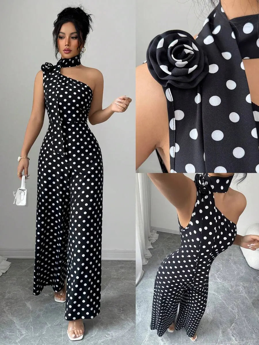 SHEIN جمبسوت منقط بياقة غير متماثلة وردة بارزة