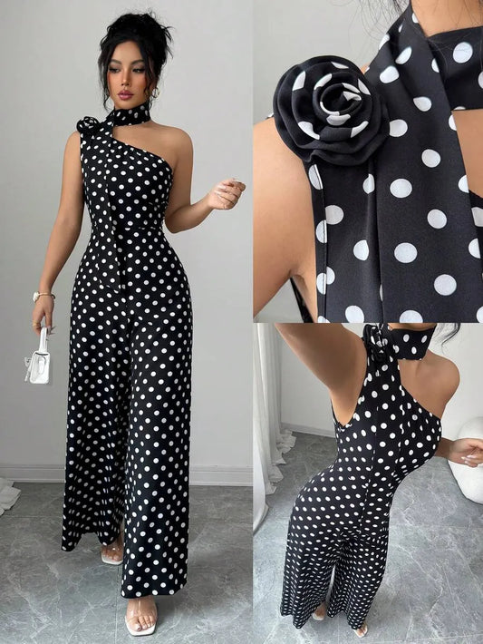 SHEIN جمبسوت منقط بياقة غير متماثلة وردة بارزة
