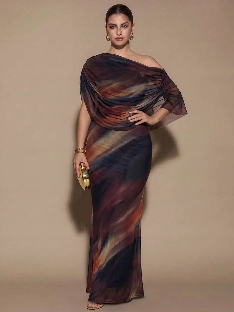 SHEIN BAE CURVE فستان نسائي بياقة غير متماثلة وشق جانبي بلون بني