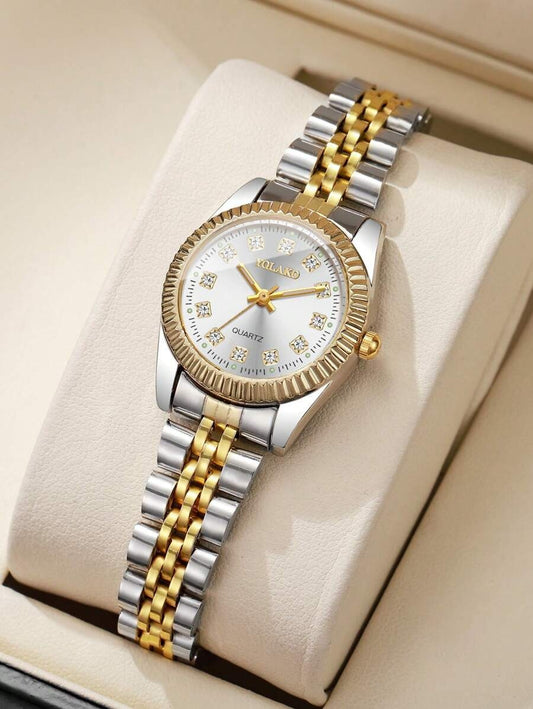 SHEIN ساعة يد نسائية كوارتز بإطار مرصع بالراينستون وسوار صلب