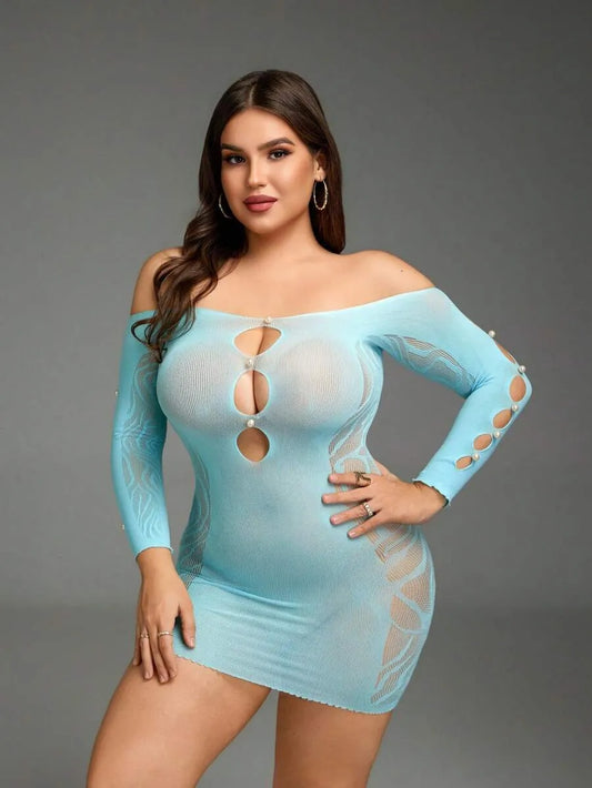 SHEIN جمبسوت لانجري نسائي شبكي شفاف طويل بحمالات قابلة للتعديل وخصر عالٍ بلون أزرق