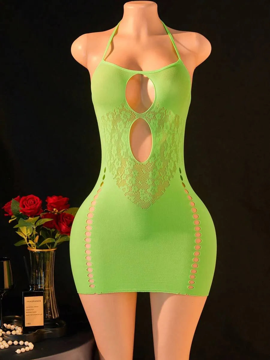 SHEIN فستان لانجري نسائي قصير شفاف برقبة هالتر وخصر متوسط بلون أخضر