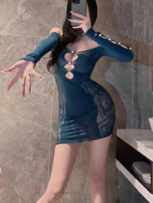 SHEIN فستان ضيق شبكي مفرغ بدون أكتاف بتفاصيل نباتية بلون أزرق مخضر