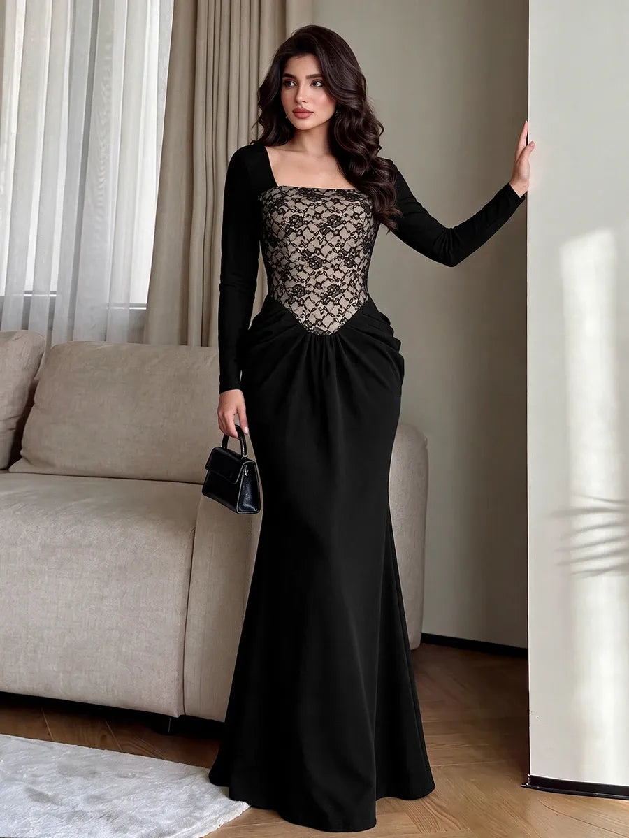 SHEIN Modelyn فستان مخملي ماكسي بياقة مربعة وكورسيه دانتيل وخصر مكشكش بلون أسود