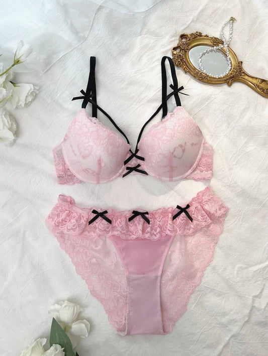 SHEIN DelicateAllure طقم داخلي من قطعتين بتطريز الدانتيل وردي