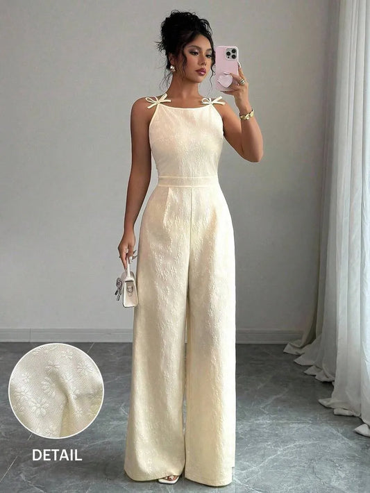 SHEIN Elenzga جمبسوت بلون مشمشي بفيونكة كتف وخصر محدد وساق واسعة