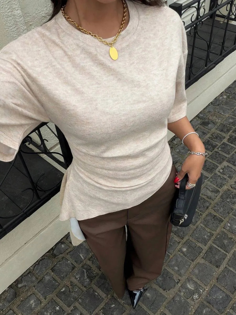 SHEIN Siren Gaze تي شيرت نسائي أنيق بخصر مطوي وحافة غير متماثلة