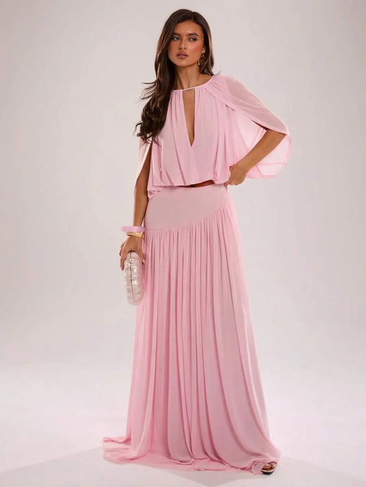 SHEIN BAE تنورة ماكسي وردية بتصميم مجمع وانسيابي للربيع والصيف