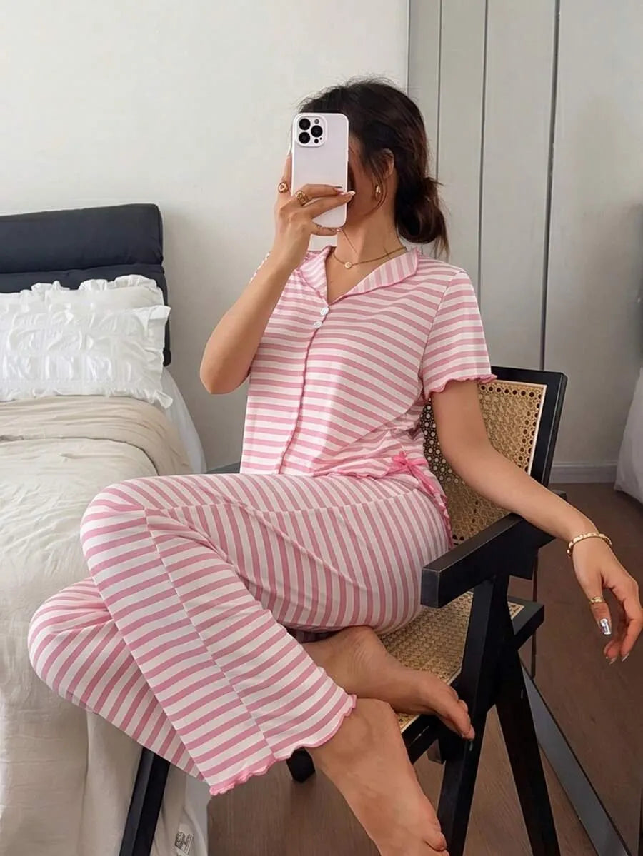 SHEIN Napfluff طقم بيجامة قطعتين توب قصير وبنطال طويل بلون وردي
