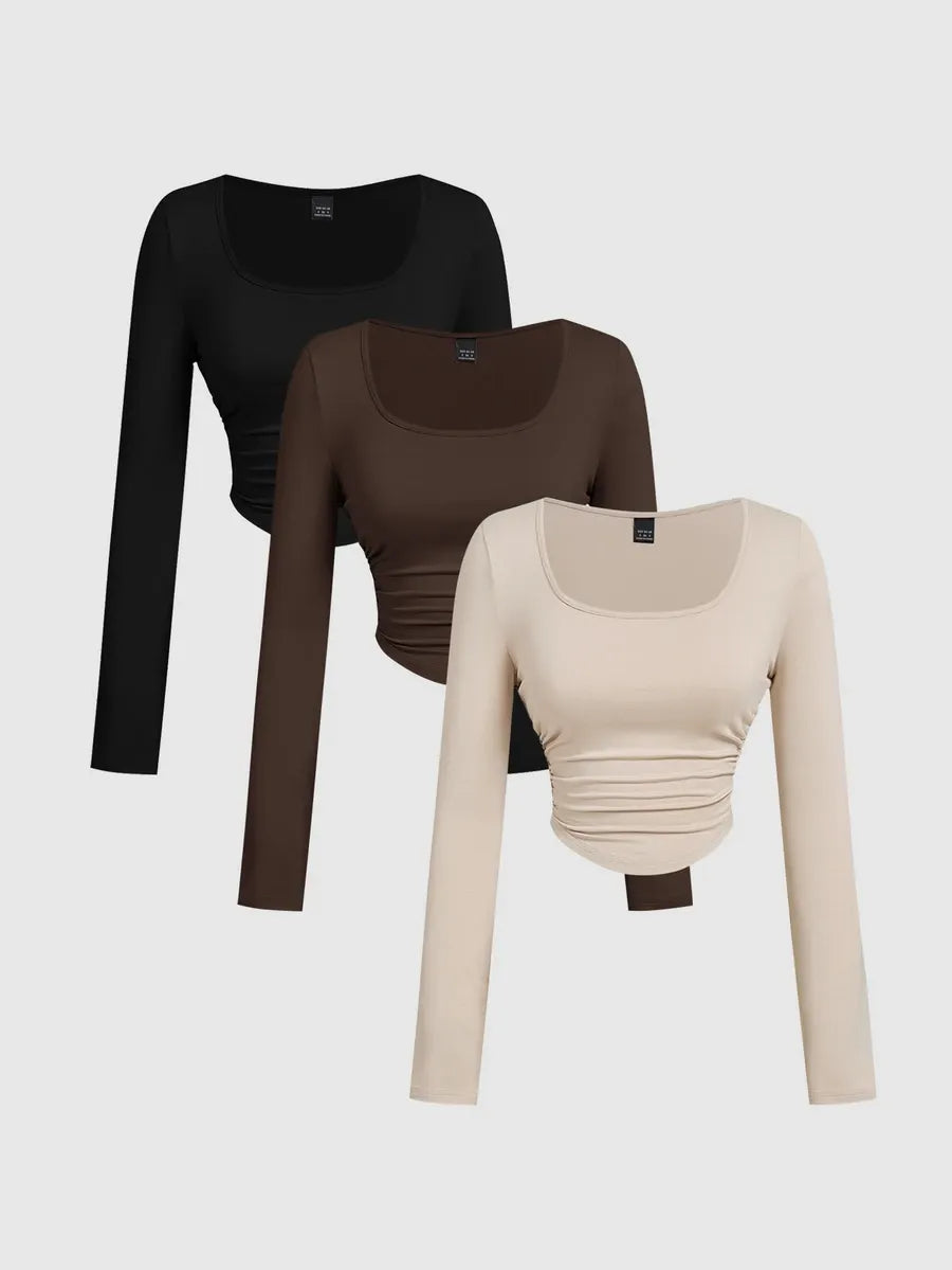 SHEIN MOD مجموعة 3 قطع تي شيرت نسائي قصير محبوك بياقة مربعة وأكمام طويلة بلون بني